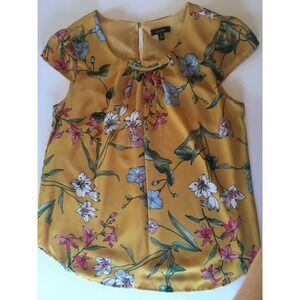 AUW Womens Blouse SZS Gold Floral Gold Necklace Back Keyhole Gold Button Closure